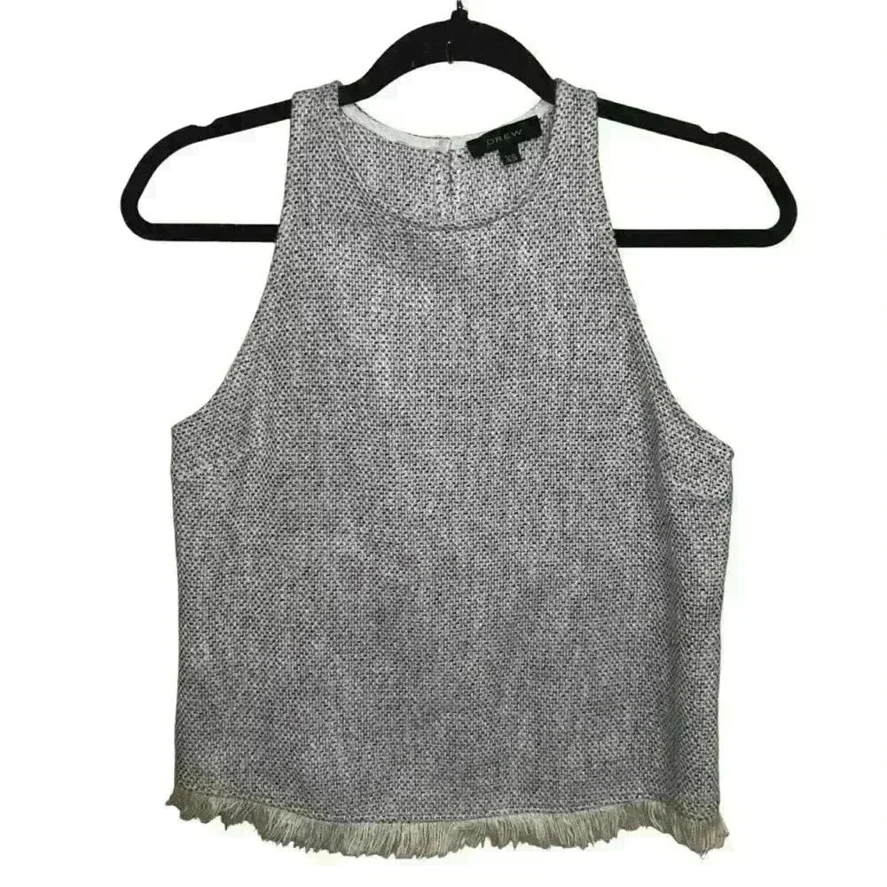 Anthropologie Drew Sleeveless Top Size XS Blue White Tweed Blouse Fringe Hem USA